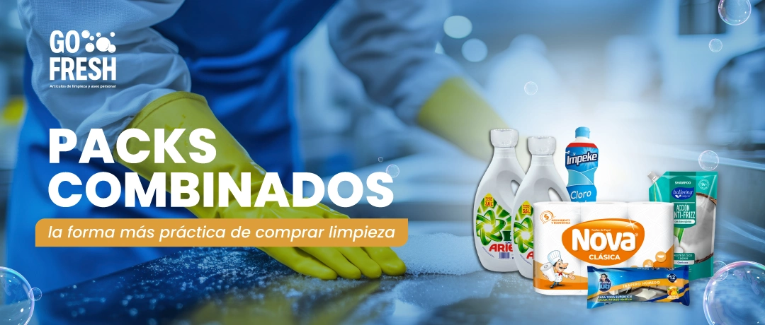 Packs de limpieza Go Fresh con detergentes, cloro y papel Nova sobre fondo de cocina limpia