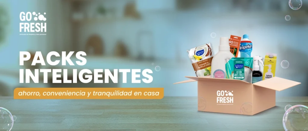 Caja de productos de limpieza y cuidado personal de Go Fresh sobre una mesa de hogar