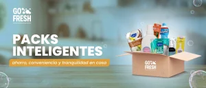 Caja de productos de limpieza y cuidado personal de Go Fresh sobre una mesa de hogar