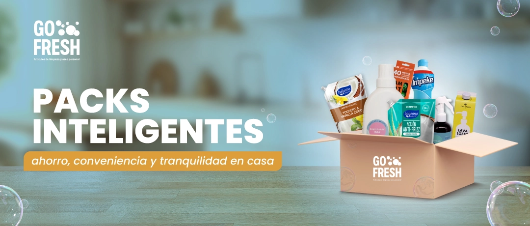 Caja de productos de limpieza y cuidado personal de Go Fresh sobre una mesa de hogar