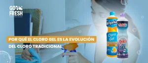 Persona limpiando con cloro gel junto a productos Brik’s e Impeke, representando limpieza moderna y eficiente.